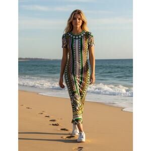 La DoubleJ Printed Maxi Dress Women’s Size Small Geometric Retro Long Dress